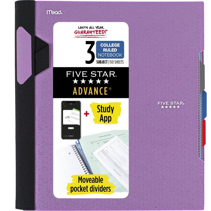 Five Star Advance Spiral Notebook + Study App, 3 Subject, College Ruled Paper, 8-1/2"" x 11"", 150 Sheets, Spiral Guard, Movable Tabbed Dividers and Pockets, Amethyst Purple (820060G) - Image 1